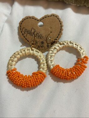 Orange Beaded Rattan Hoop Earrings
